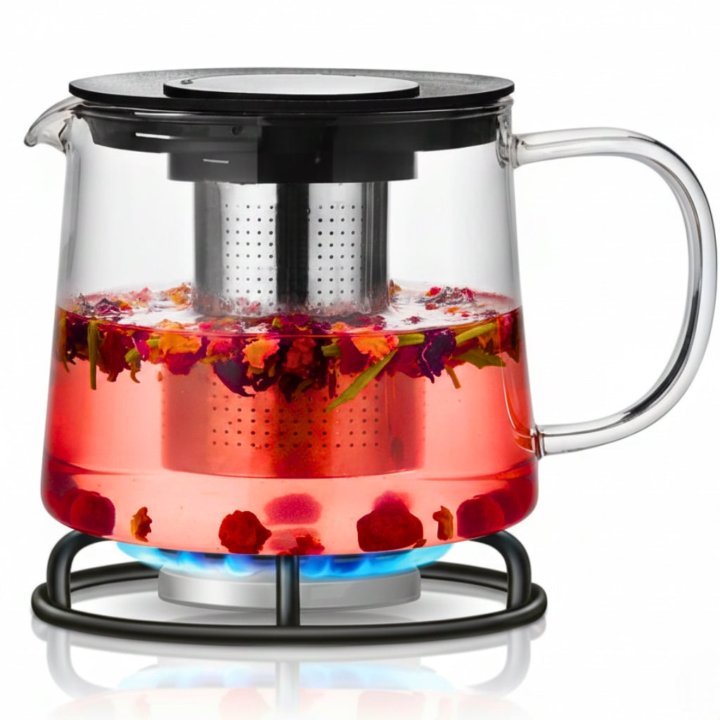 Ceainic sticlă cu infuzor inox Koken, 1500 ml, rezistent la temperaturi, pentru plită și cuptor microunde, compatibil mașina de spălat vase, transparent