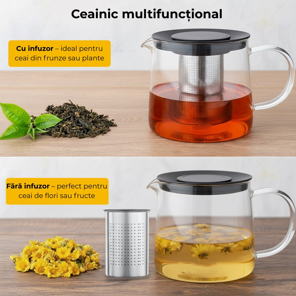Ceainic sticlă cu infuzor inox Koken, 1500 ml, rezistent la temperaturi, pentru plită și cuptor microunde, compatibil mașina de spălat vase, transparent - 1 | YEO