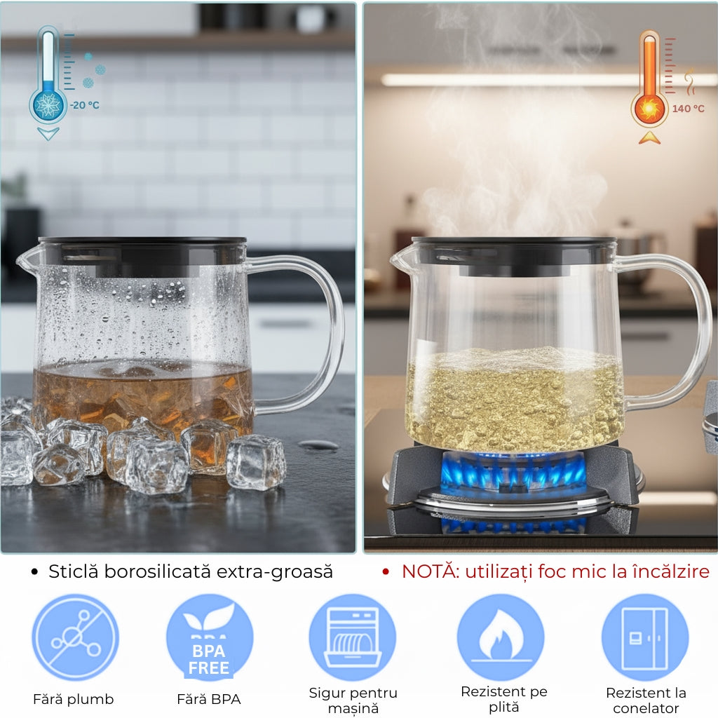 Ceainic sticlă cu infuzor inox Koken, 1500 ml, rezistent la temperaturi, pentru plită și cuptor microunde, compatibil mașina de spălat vase, transparent - 4 | YEO