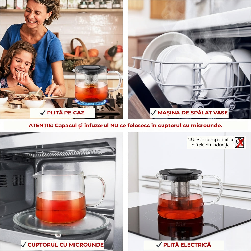 Ceainic sticlă cu infuzor inox Koken, 1500 ml, rezistent la temperaturi, pentru plită și cuptor microunde, compatibil mașina de spălat vase, transparent - 5 | YEO