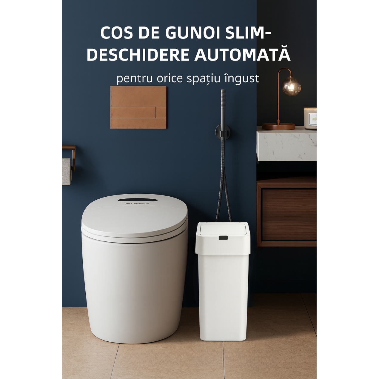 Cos de gunoi cu senzor de miscare infrarosu, 9 L, Koken Capac automat anti-miros, silentios, Rezistent la apa IPX5, Design elegant slim, Cos gunoi bucatarie, baie, dormitor, 21.8x13x31.5 cm, Alb