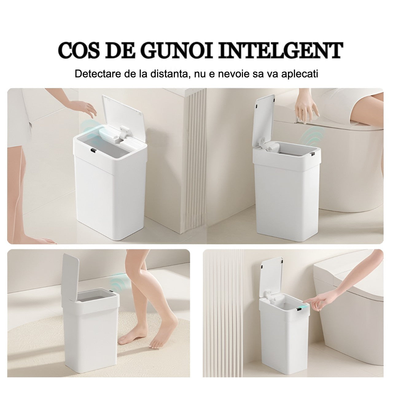 Cos de gunoi cu senzor de miscare infrarosu, 9 L, Koken Capac automat anti-miros, silentios, Rezistent la apa IPX5, Design elegant slim, Cos gunoi bucatarie, baie, dormitor, 21.8x13x31.5 cm, Alb - 3 | YEO