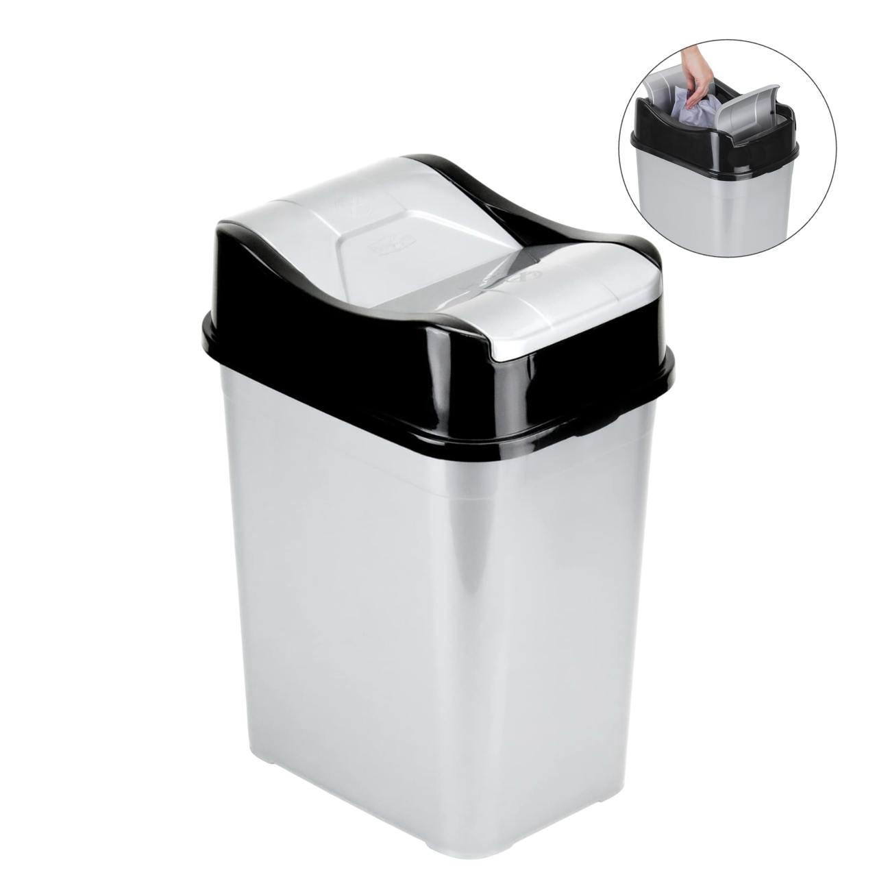 Cos de gunoi 10L Koken, cu capac rabatabil, cos de gunoi bucatarie, baie, birou, compact 25.5x20x34.5 cm, Plastic, Negru-Gri