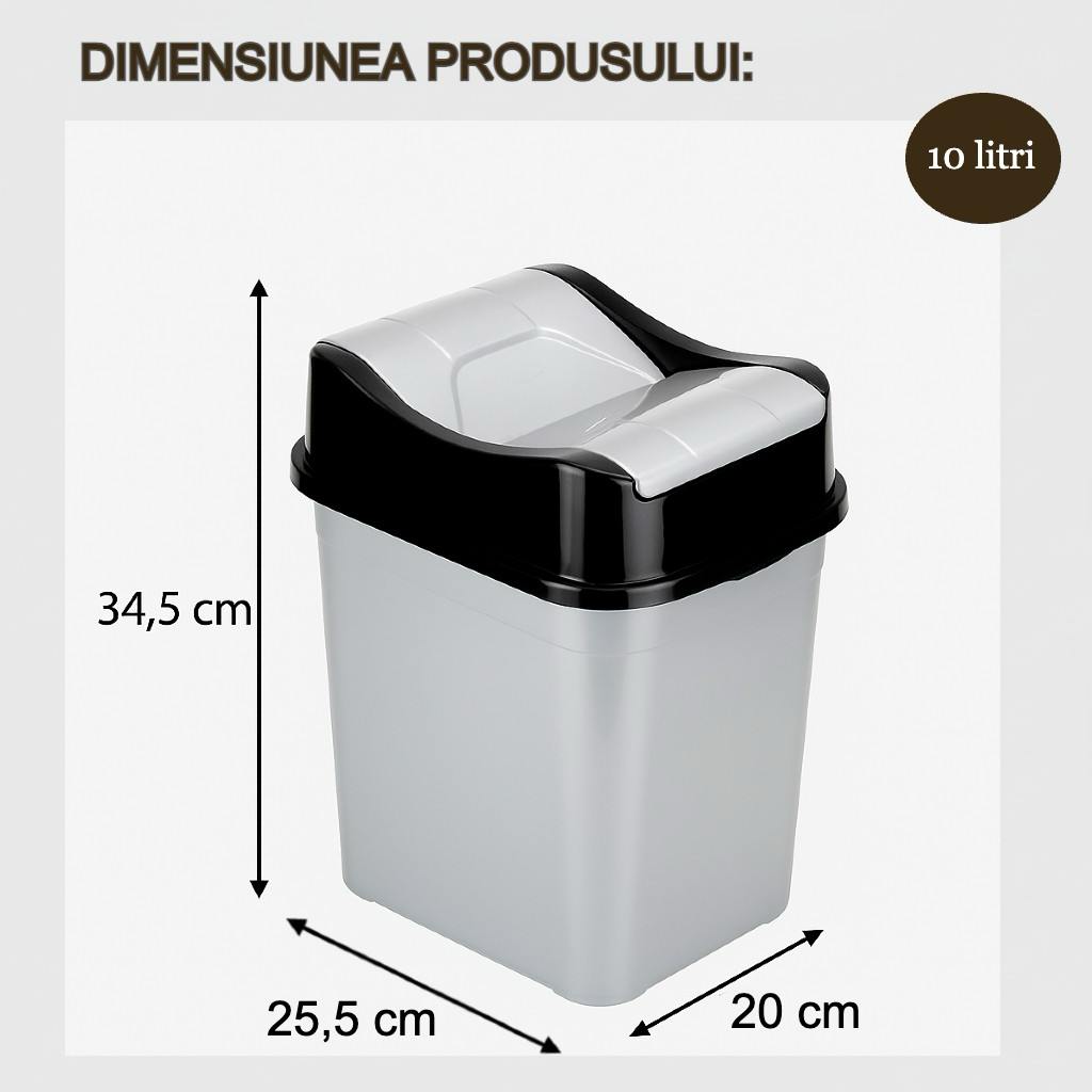 Cos de gunoi 10L Koken, cu capac rabatabil, cos de gunoi bucatarie, baie, birou, compact 25.5x20x34.5 cm, Plastic, Negru-Gri - 1 | YEO