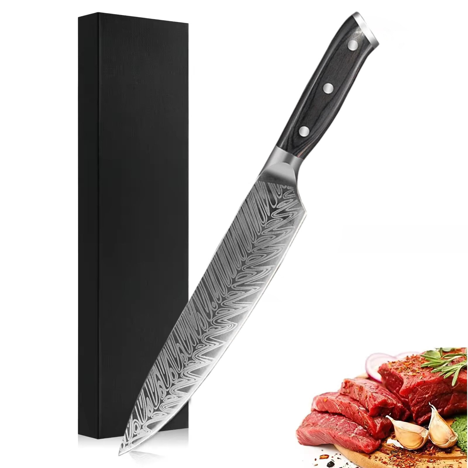 Koken Damascus Steel Professional Kitchen Knife, High Carbon Blade, 21 cm, Wooden Handle