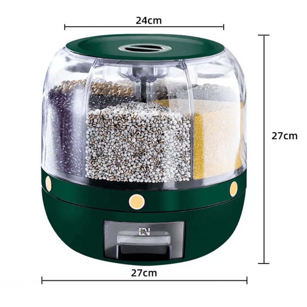 Dispenser Cereale Rotativ Koken - Organizator și Dozator cu 6 compartimente 7.5kg,  Verde/Alb, 27 x 27 x 24cm - 1 | YEO