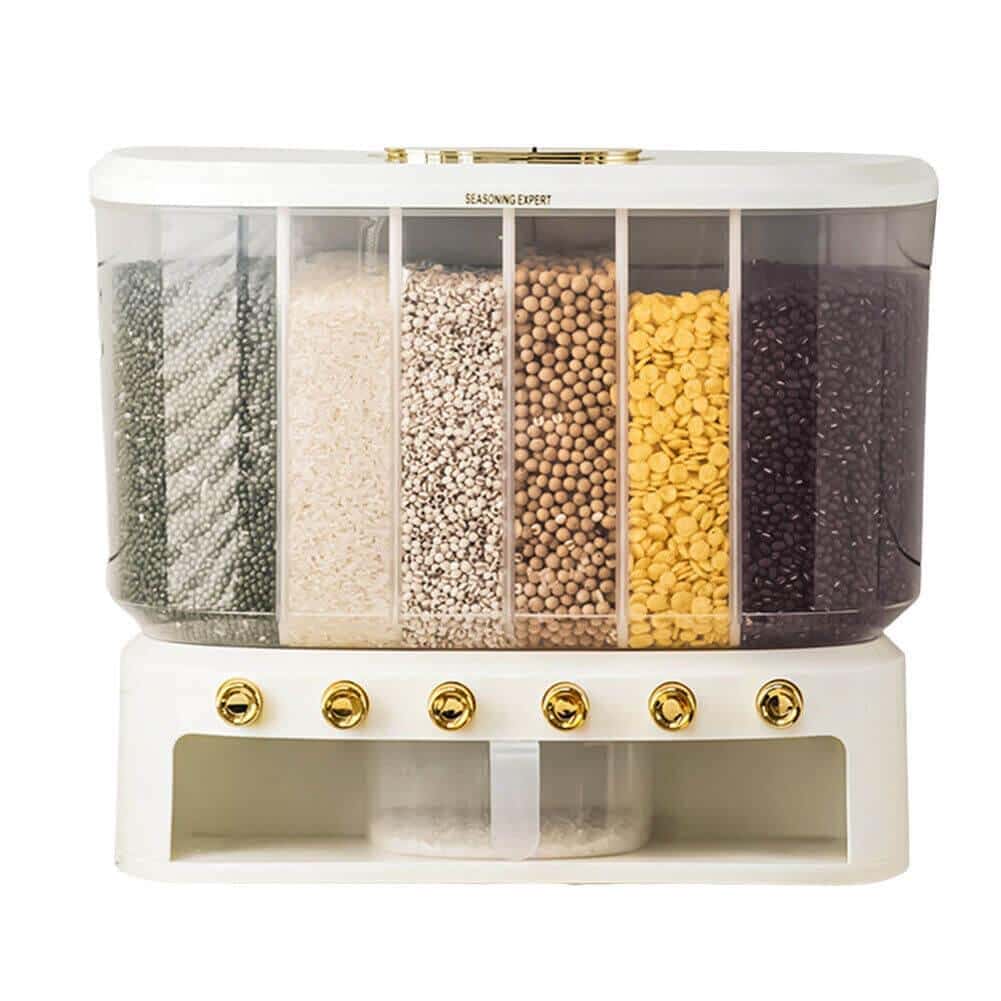 Dispenser dozator de stocare cereale, crupe, seminte,Koken, 6 compartimente, Inaltime 36 cm, Alb