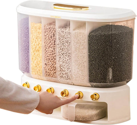 Dispenser dozator de stocare cereale, crupe, seminte,Koken.ro, 6 compartimente, Inaltime 36 cm, Alb - köken