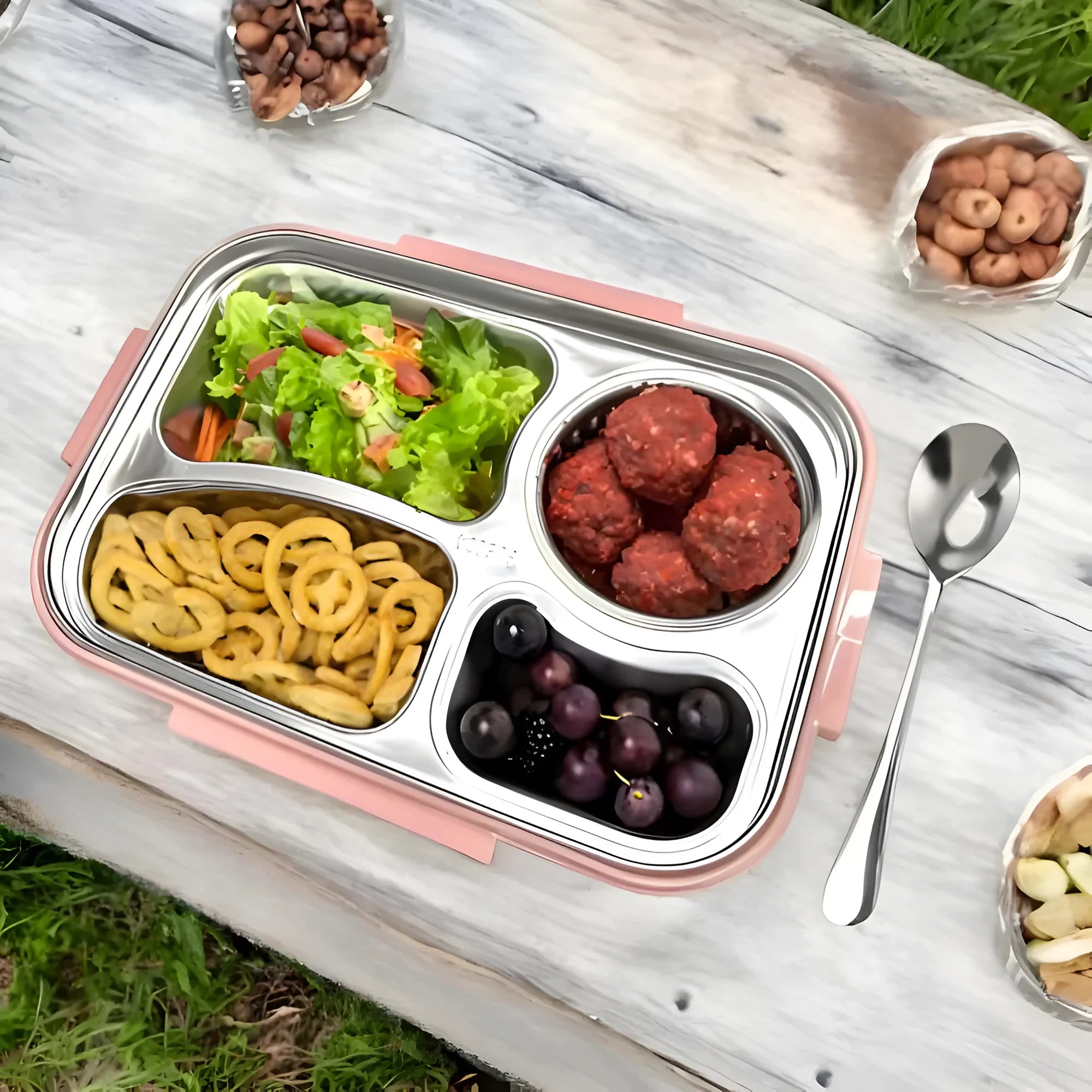 Cutie pentru pranz Koken, Otel inoxidabil, Caserola cu 4 Compartimente, Albastrǎ/Roz