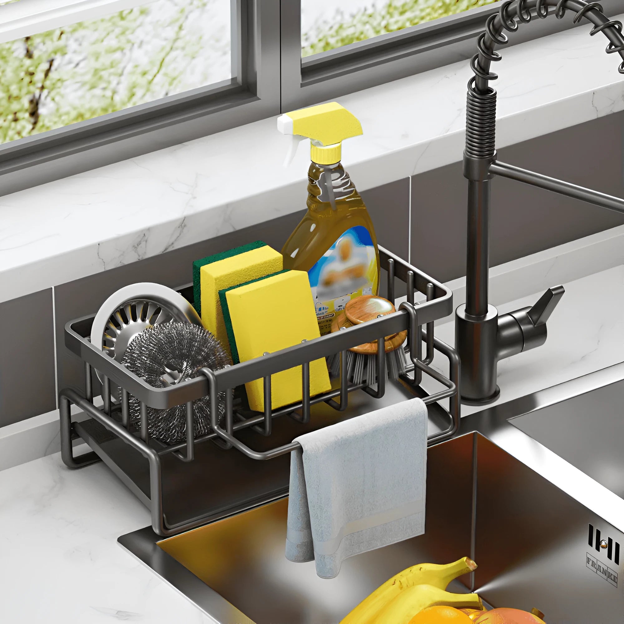 Organizator chiuveta Koken, Suport multifunctional din otel inoxidabil, tava de scurgere, pentru bureti, lavete, detergenti, 23 x 10 x 9 cm, Negru