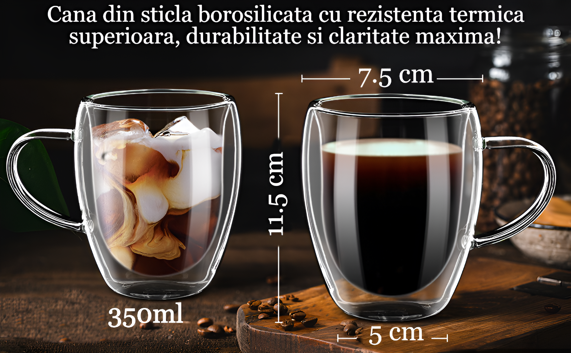 Cana termorezistenta 350 ml  cu perete dublu Koken, Sticla borosilicata, Transparent Set 2/4 - 3 | YEO