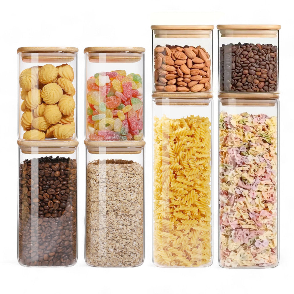 Set of 8/6/5 Square Borosilicate Glass Containers with Airtight Bamboo Lids Koken, for Dry Food and Grain Storage,