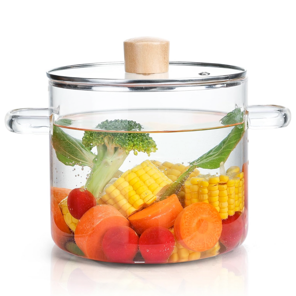 Oala din sticla borosilicata 2L pentru aragaz, cu capac si manere Koken, Rezistenta termica 130 °C, Cratita Durabila, Sticla Transparenta/Lemn