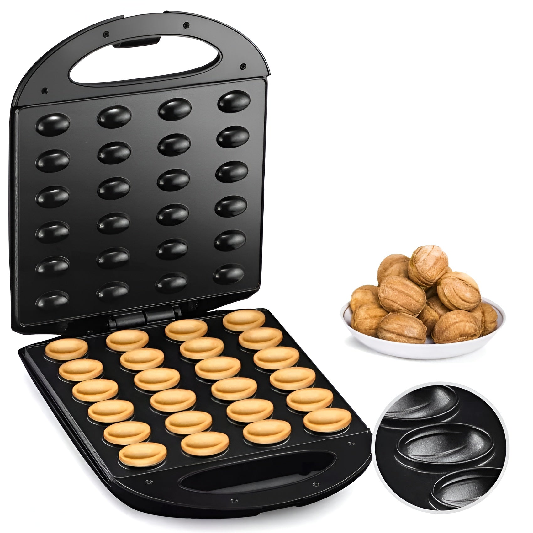 Aparat electric pentru coacere forme de nuci Koken, 24 cavități, 1400W, strat antiaderent, indicator luminos, carcasă termoizolată, Plastic/Inox Negru