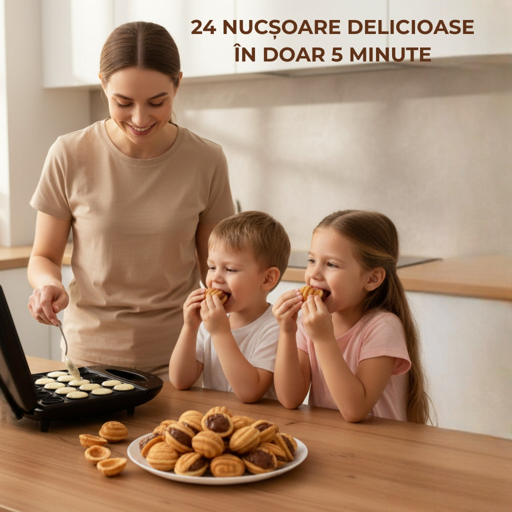 Aparat electric pentru coacere forme de nuci Koken, 24 cavități, 1400W, strat antiaderent, indicator luminos, carcasă termoizolată, Plastic/Inox Negru