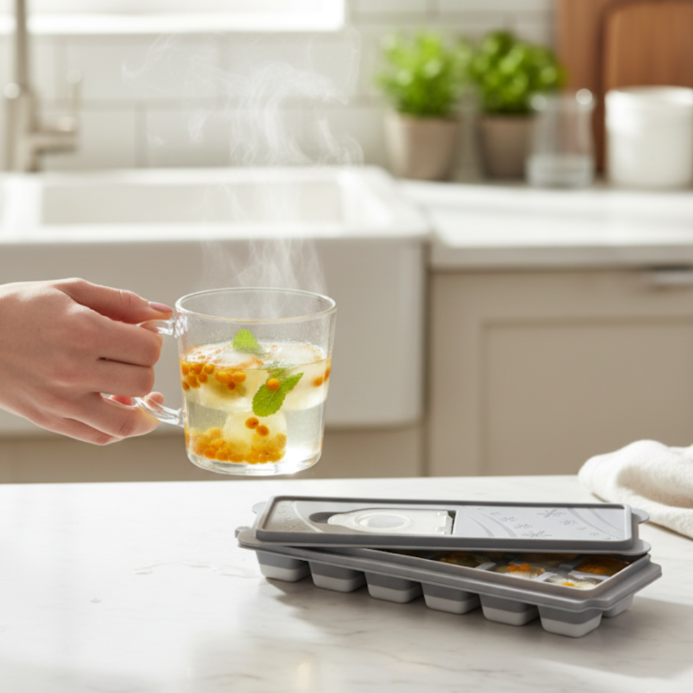 Forma Pentru Cuburi De Gheata Koken, Matrita din Plastic PP, Silicon alimentar, 12 cuburi, Capac cu deschidere suplimentara pentru apa, BPA Free, Gri, 9.5 x 27 x 3.5, - 4 | YEO