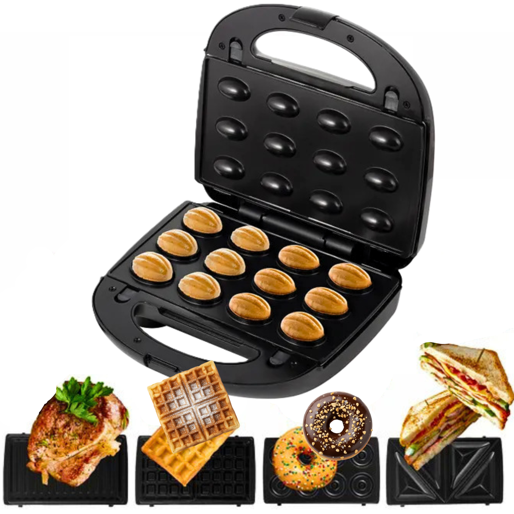 Gratar electric multifunctional Koken 5 in 1, 800W, placi detasabile antiaderente,indicator gatire, placi pentru carne/gogosi/sandwich/vafe/nucusoare,inox, negru