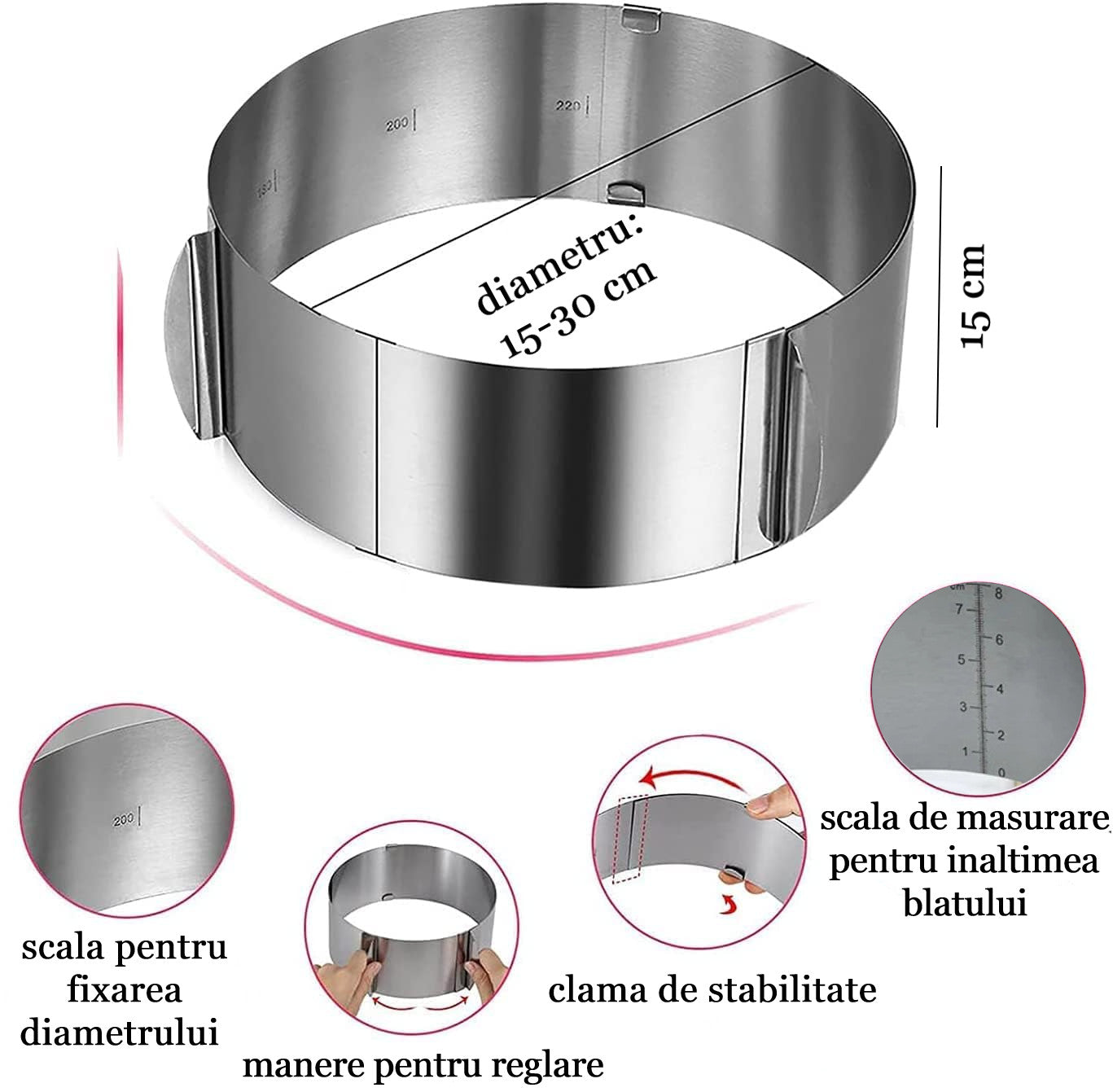 Adjustable and graduated ring for Koken cake - choose to cook easily with perfect results, diameter 15-30 cm, height 15 cm, Stainless Steel