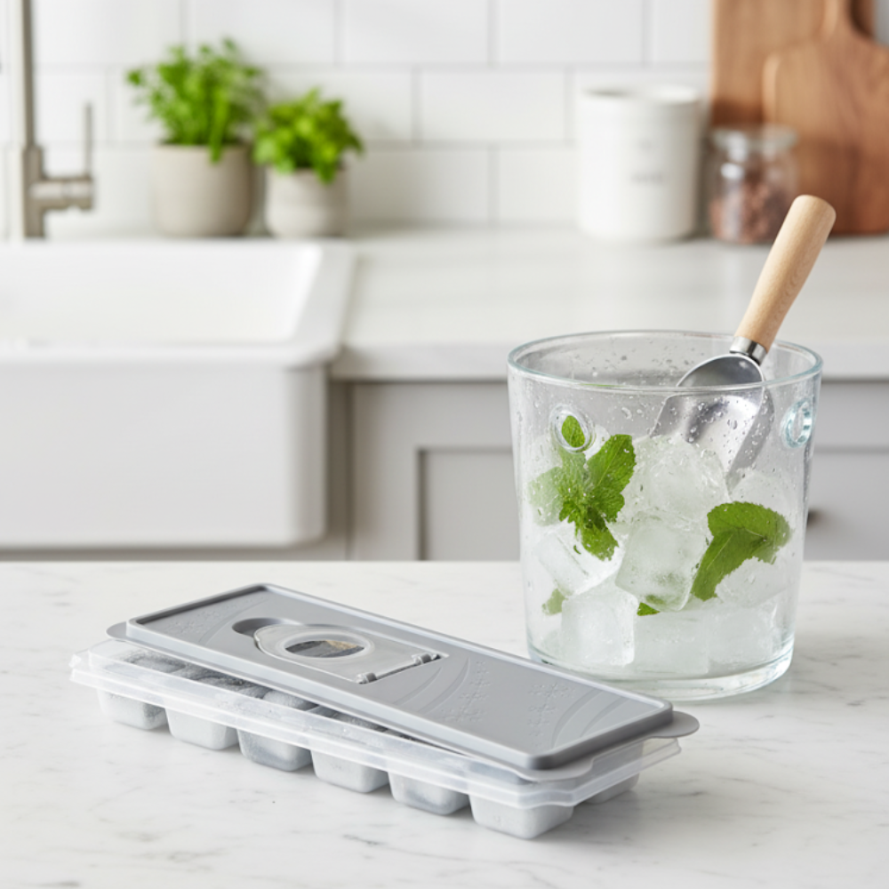 Forma Pentru Cuburi De Gheata Koken, Matrita din Plastic PP, Silicon alimentar, 12 cuburi, Capac cu deschidere suplimentara pentru apa, BPA Free, Gri, 9.5 x 27 x 3.5, - 6 | YEO