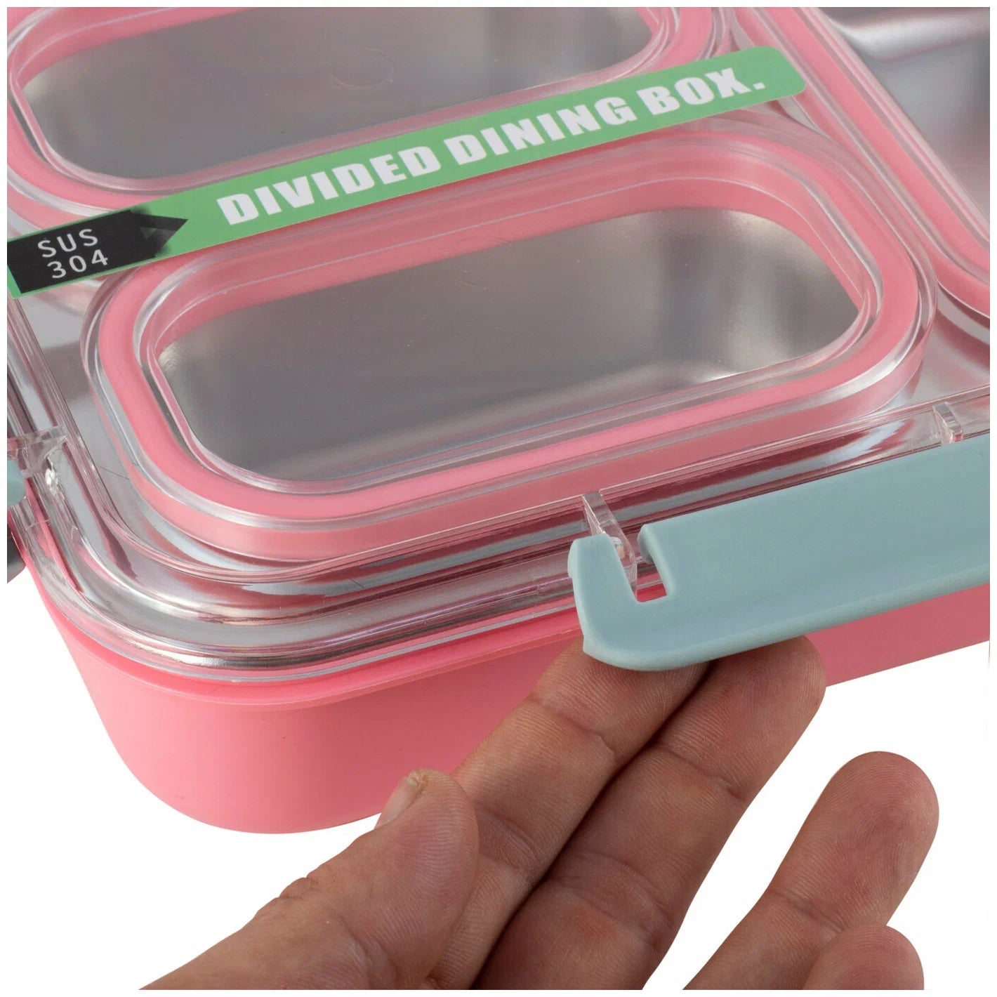 Cutie pentru pranz Koken, Lunch box Otel inoxidabil, Caserola copii scoala cu 3 Compartimente, 27,5 x 20,6 cm, Roz - 5 | YEO
