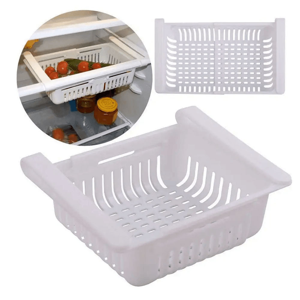 Organizator pentru frigider sau raft Extensibil Koken, organizare eficientă, Cos de depozitare din plastic, depozitare convenabilă, aspect modern, 28x15.5x6 cm, Alb