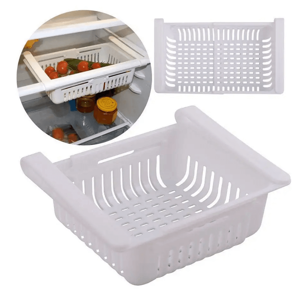 Organizator pentru frigider sau raft Extensibil Koken.ro, organizare eficientă, Cos de depozitare din plastic, depozitare convenabilă, aspect modern, 28x15.5x6 cm, Alb - köken