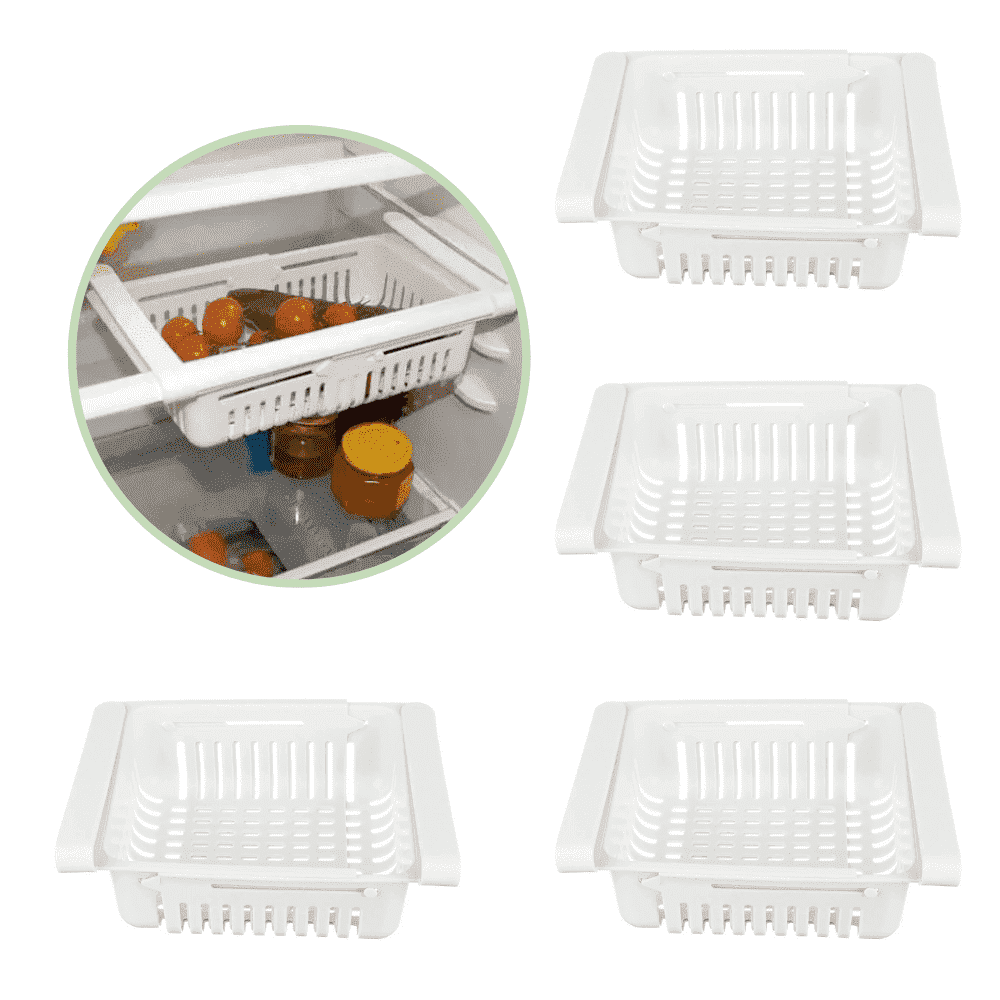 Organizator pentru frigider sau raft Extensibil Koken, organizare eficientă, Cos de depozitare din plastic, depozitare convenabilă, aspect modern, 28x15.5x6 cm, Alb