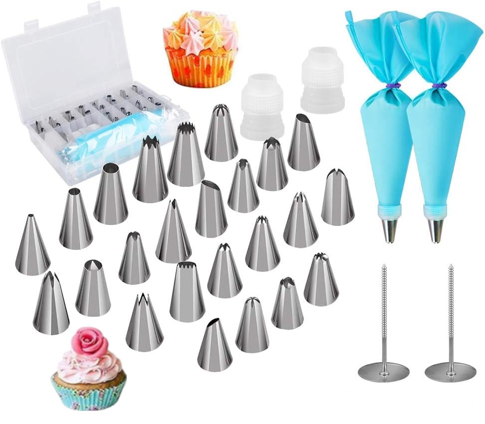 Set Patiserie/Cofetarie Koken, 35 piese, duiuri pentru ornat si decorat prajituri, torturi, Otel inoxidabil/Silicon, Argintiu/Albastru