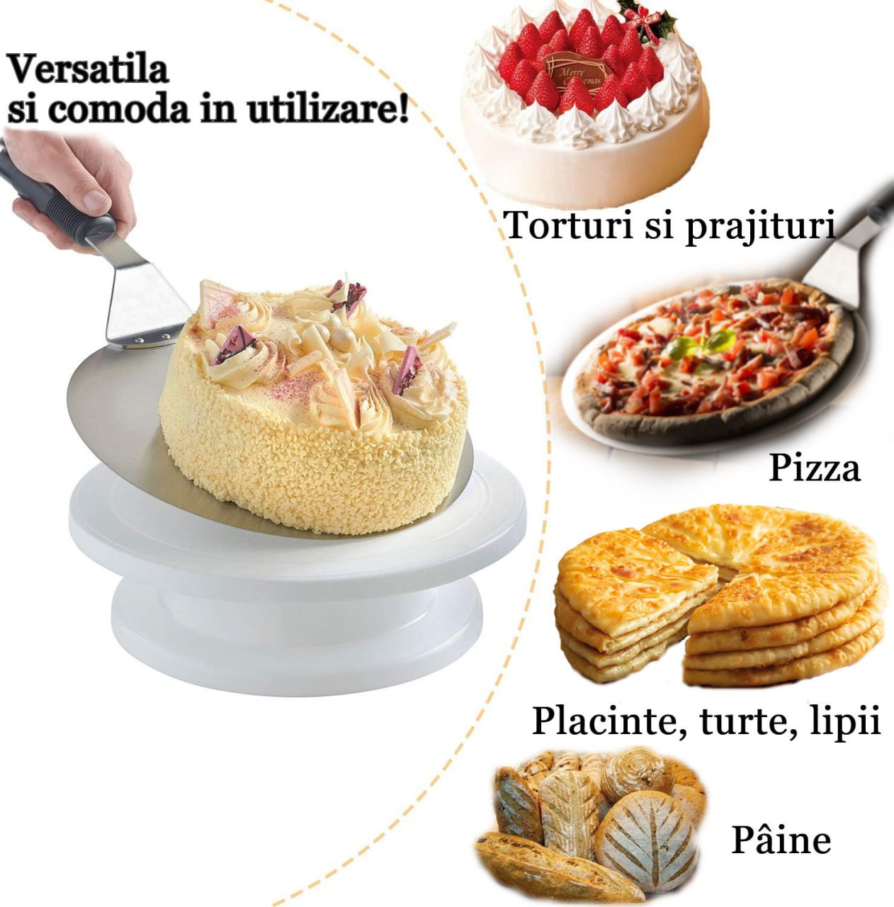 Lopata  pizza Koken, tava rotundă din oțel inoxidabil, Maner Plastic, spatula - 3 | YEO