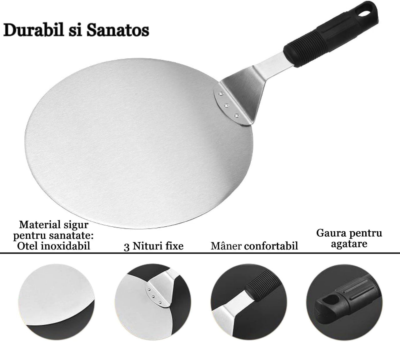 Lopata  pizza Koken, tava rotundă din oțel inoxidabil, Maner Plastic, spatula - 2 | YEO