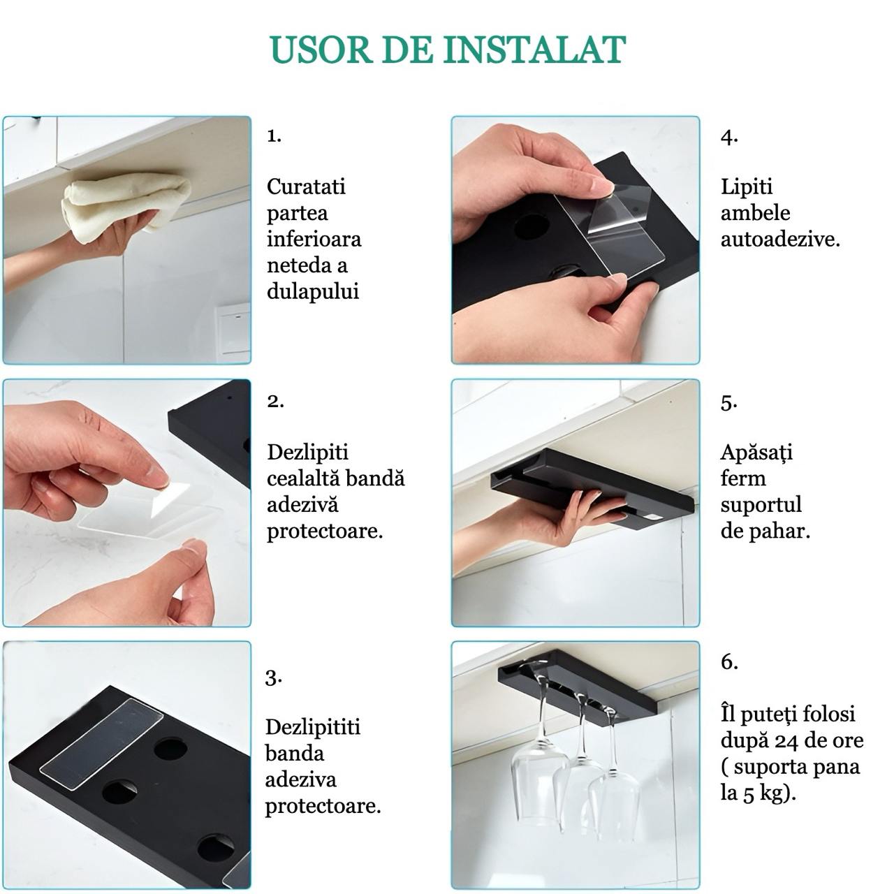 Suport suspendat pentru pahare cu picior Koken, potrivit pentru diverse tipuri de pahare, 2 x 11x 25 cm, Plastic/Negru - 6 | YEO