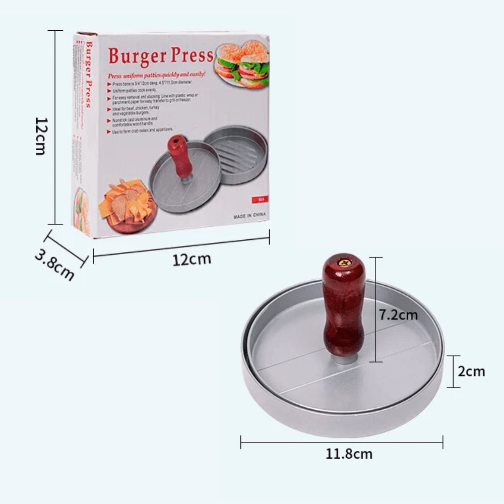 Presa pentru Burgeri Koken, cu maner de lemn, material Aliaj/Aluminiu,forma si presa, usor de curatat si folosit, Diametrul 11.8 cm, Gri - 1 | YEO