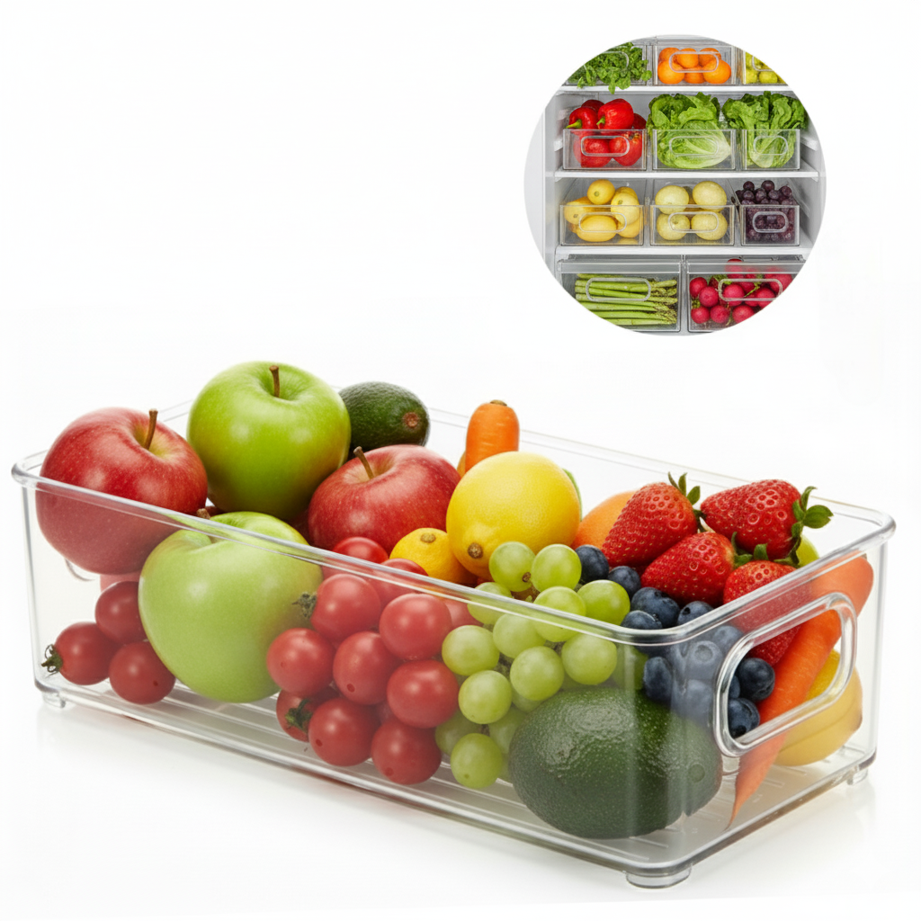 Recipient pentru frigider si rafturi bucatarie Koken, perfect pentru fructe si legume, 25.5x10x7 cm, plastic transparent fara BPA
