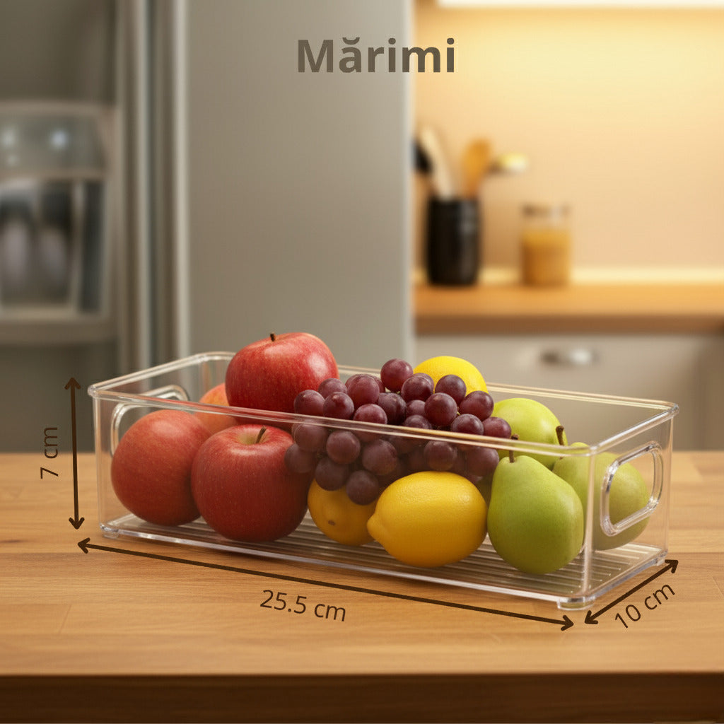 Recipient pentru frigider si rafturi bucatarie Koken, perfect pentru fructe si legume, 25.5x10x7 cm, plastic transparent fara BPA - 1 | YEO