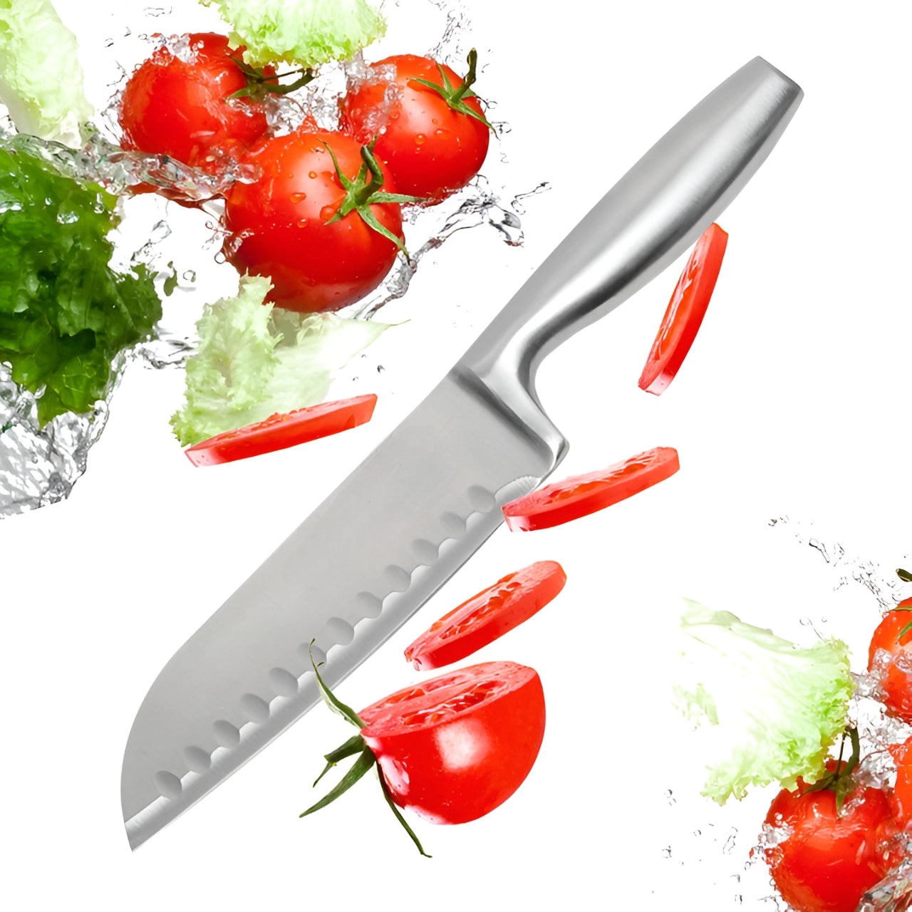 Cutit japonez de bucatarie model Santoku, otel inoxidabil, maner soft-touch, versatil in utilizare, 20 cm, Argintiu