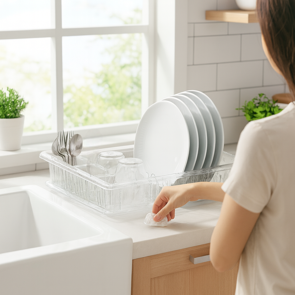 Scurgator Vase, Suport pentru uscat vase, farfurii, tacamuri, pahare si cani Koken, Suport vesela cu tava pentru blatul de bucatarie 45x36,5x8 cm, Transparent