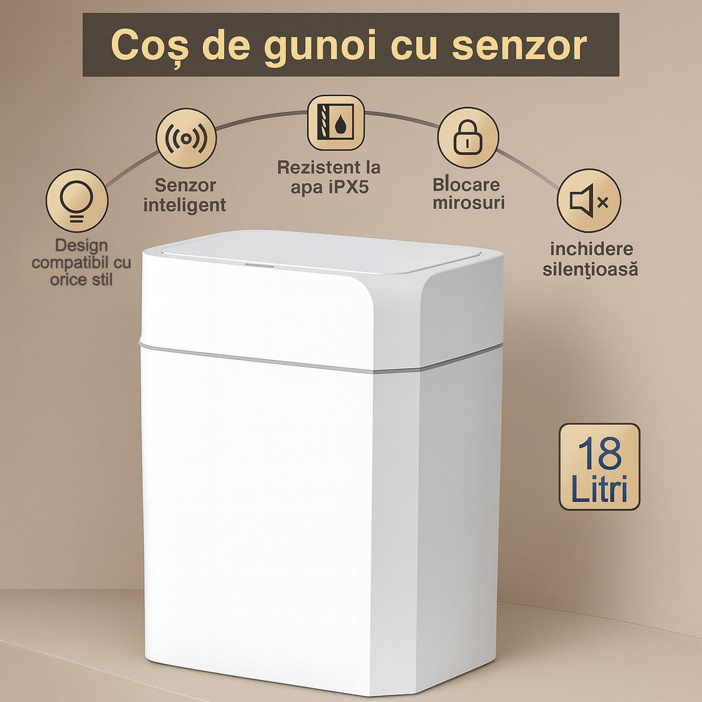 Cos de gunoi cu senzor de miscare infrarosu Koken, 18 L, Cos gunoi bucatarie, capac automat anti-miros, silentios, Rezistent la apa IPX5, Design elegant, 25.5x19x40 cm, Alb - 5 | YEO