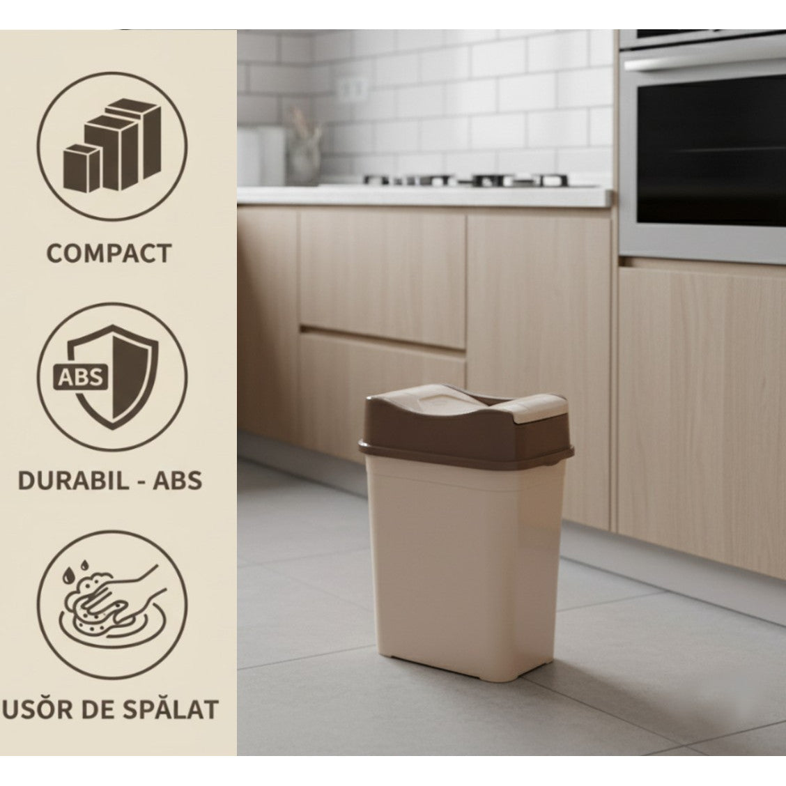Cos de gunoi 10L Koken, cu capac rabatabil, cos de gunoi bucatarie, baie, birou, compact 38.8 x 18.9 x 24.3 cm, Plastic, Maro-Bej - 2 | YEO