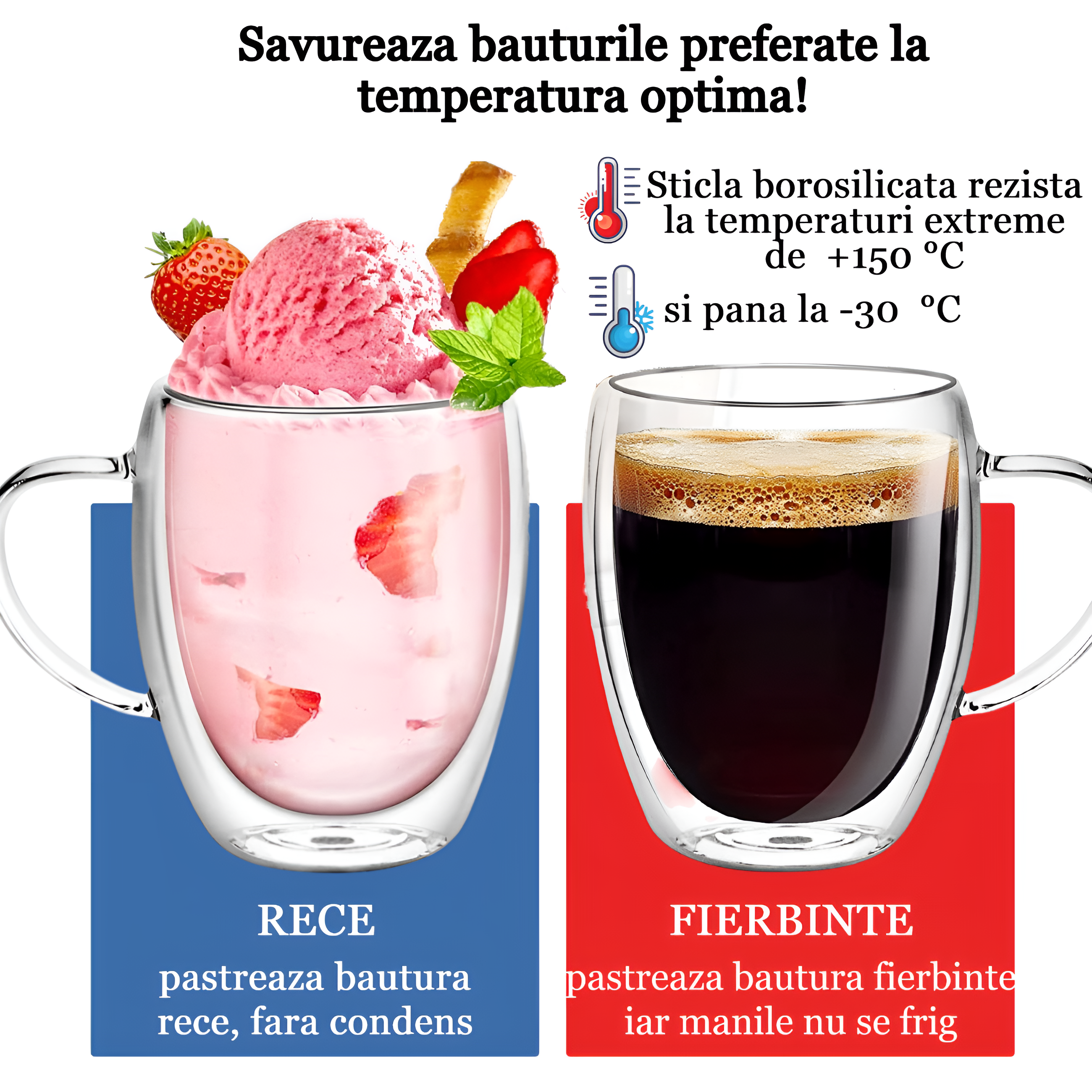 Cana termorezistenta 350 ml  cu perete dublu Koken, Sticla borosilicata, Transparent Set 2/4 - 4 | YEO