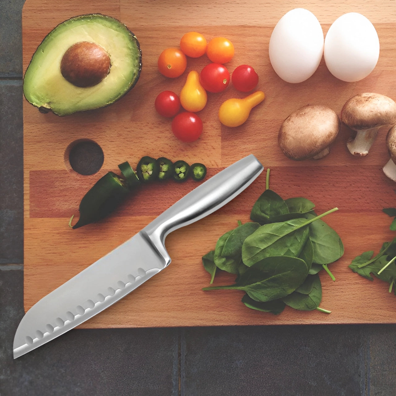Cutit japonez de bucatarie model Santoku, otel inoxidabil, maner soft-touch, versatil in utilizare, 20 cm, Argintiu - 1 | YEO
