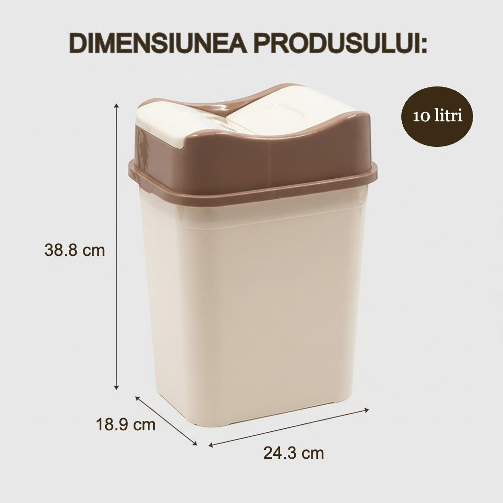 Cos de gunoi 10L Koken, cu capac rabatabil, cos de gunoi bucatarie, baie, birou, compact 38.8 x 18.9 x 24.3 cm, Plastic, Maro-Bej - 1 | YEO