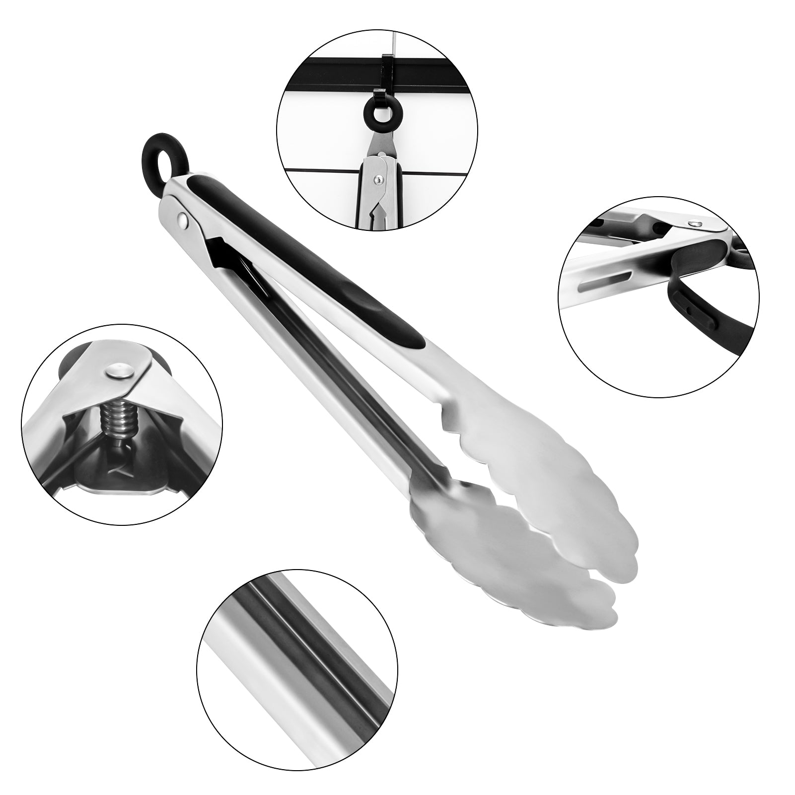 Cleste profesional pentru gratar si bucatarie Koken, Otel inoxidabil/Silicon, Maner Antialunecare, Blocare Practica, gătește și servește cu ușurință, 36x3,8 cm, Negru/Argintiu - 4 | YEO