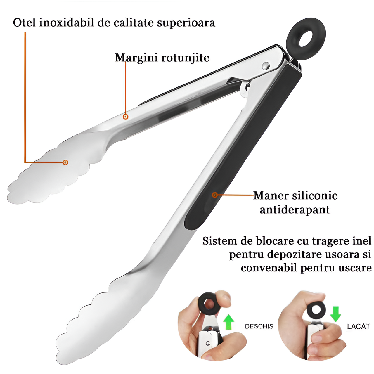 Cleste profesional pentru gratar si bucatarie Koken, Otel inoxidabil/Silicon, Maner Antialunecare, Blocare Practica, gătește și servește cu ușurință, 36x3,8 cm, Negru/Argintiu - 2 | YEO
