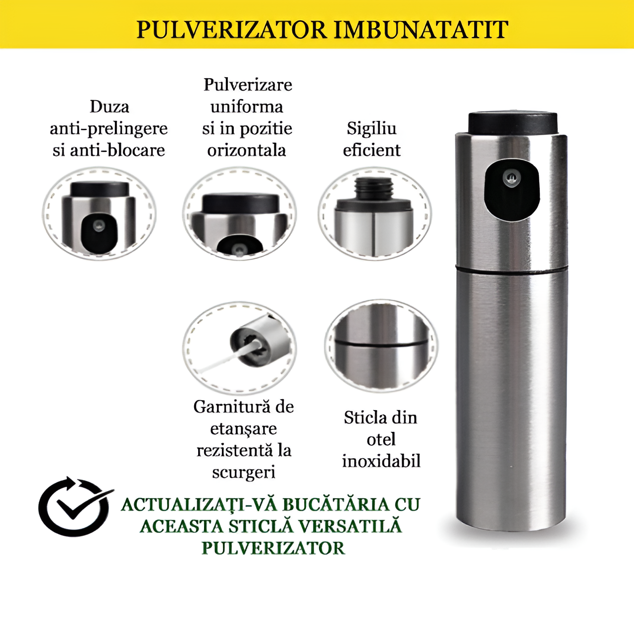 Olivieră Pulverizator Koken – Spray pentru ulei, oțet și alte lichide, Flacon Pulverizator Reîncărcabil, 100 ml, Plastic, 17,8 x 4 cm, Argintiu/Negru + Palnie - 2 | YEO
