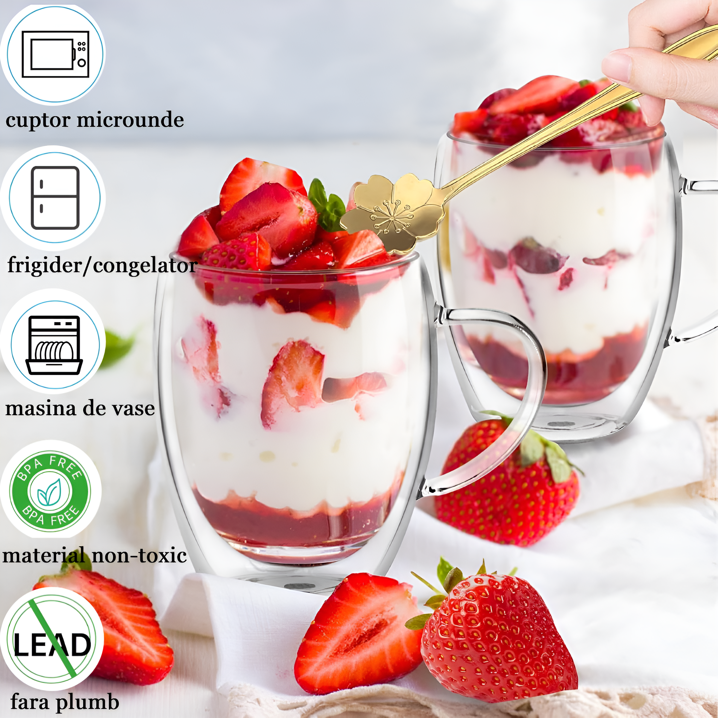 Cana termorezistenta 350 ml  cu perete dublu Koken, Sticla borosilicata, Transparent Set 2/4 - 2 | YEO