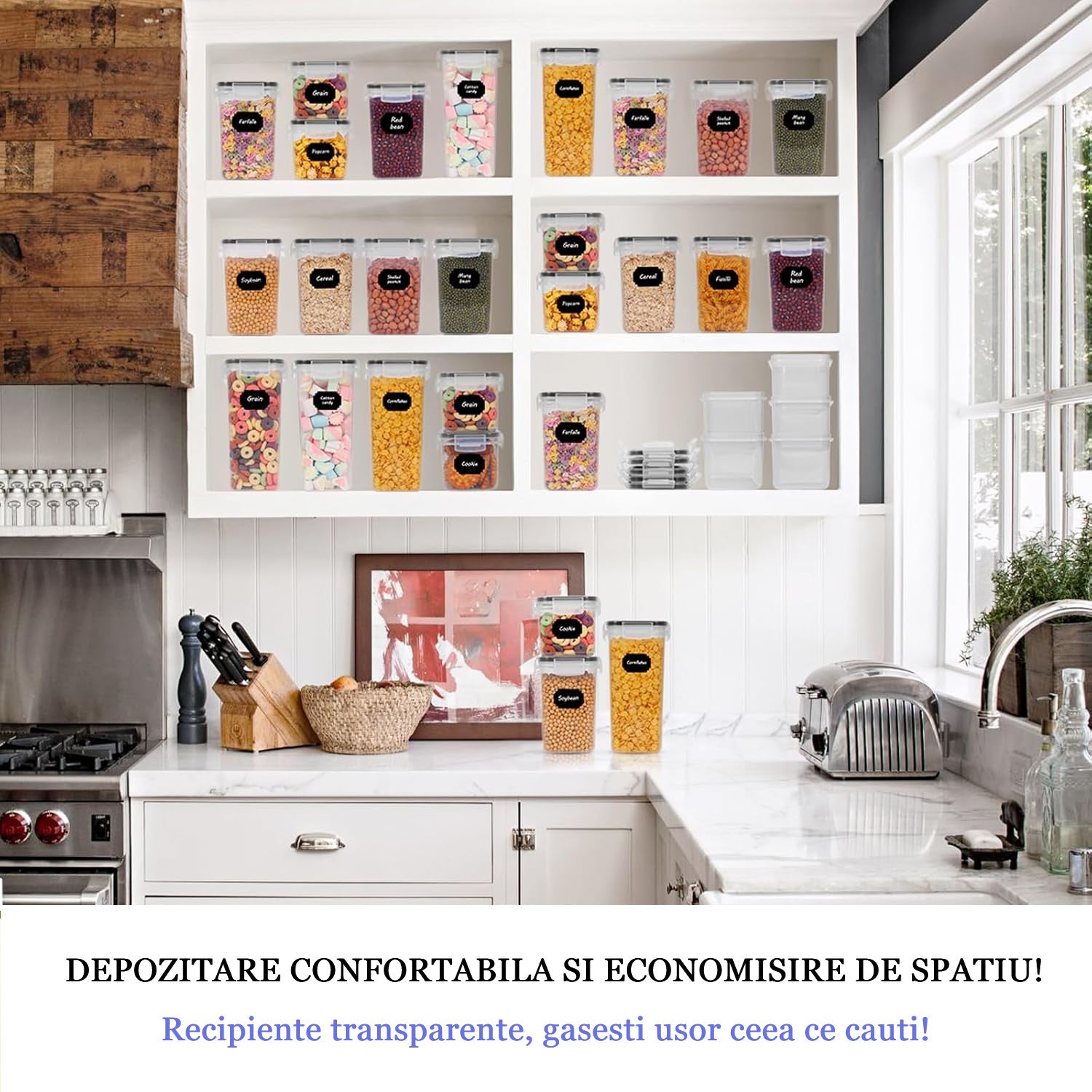 Recipient de depozitare alimente, etanse de 2 L, Koken cutie depozitare cu capac, plastic fara BPA, compatibile cu congelator/cuptor cu microunde/masina de spalat vase, Transparent/Negru