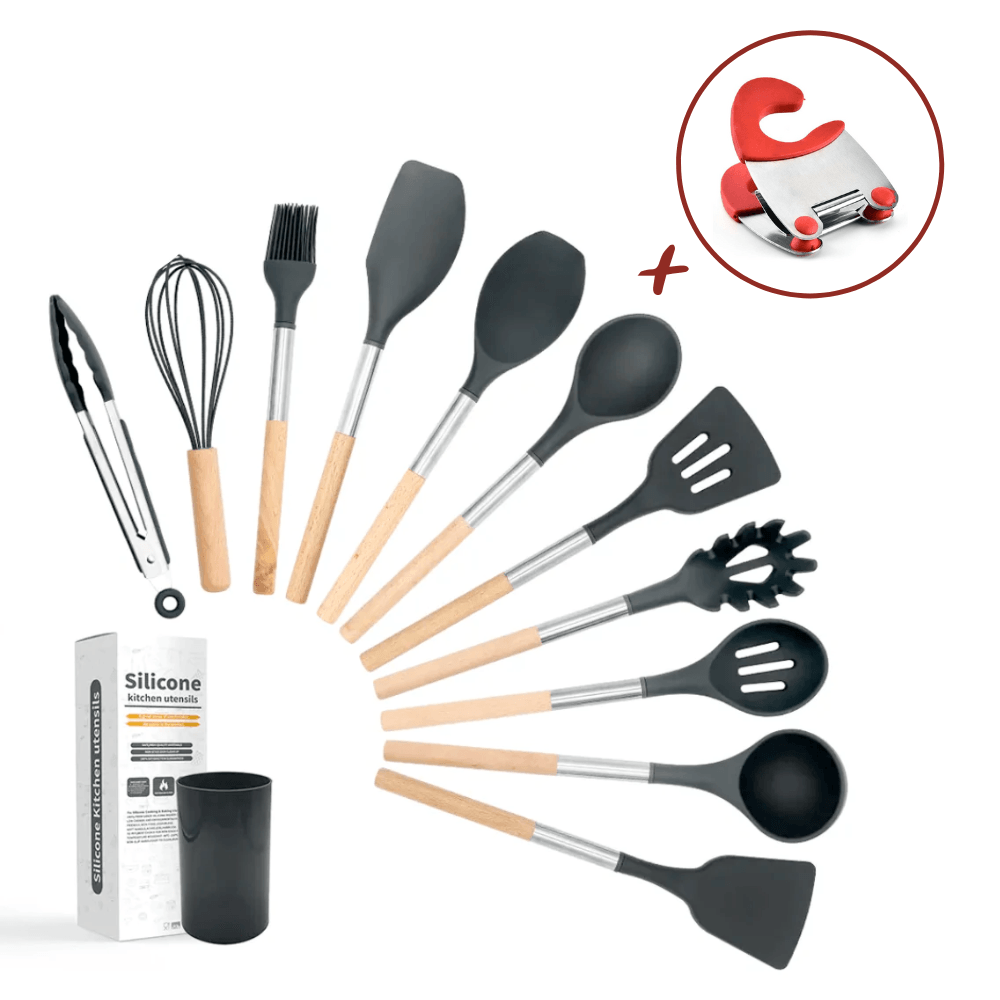 Set Ustensile Bucatarie Koken.ro, 11 piese Lemn si Silicon alimentar, Suport inox, Antiaderente, Termorezistente, Negru + Suport Lingura - köken