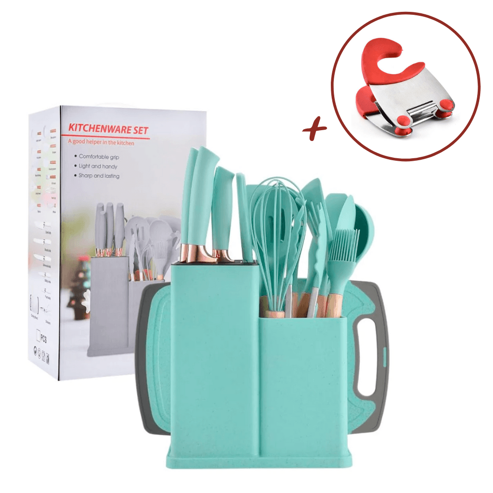 Set Ustensile bucatarie Koken.ro, 19 piese Lemn si Silicon alimentar, Suport/Tocator/Cutite, Termorezistente, Antiaderente, Verde + Suport Lingura - köken