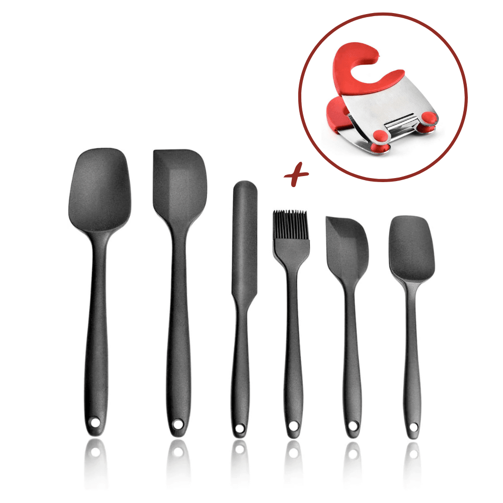 Set ustensile bucatarie Koken.ro, 6 spatule silicon, Rezistente la caldura, Negru + Suport Lingura - köken