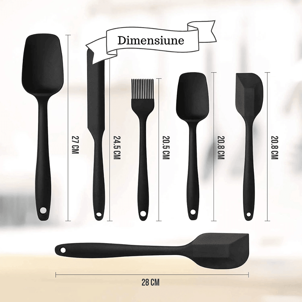 Set ustensile bucatarie Koken, 6 spatule silicon, Rezistente la caldura, Negru + Suport Lingura - 1 | YEO